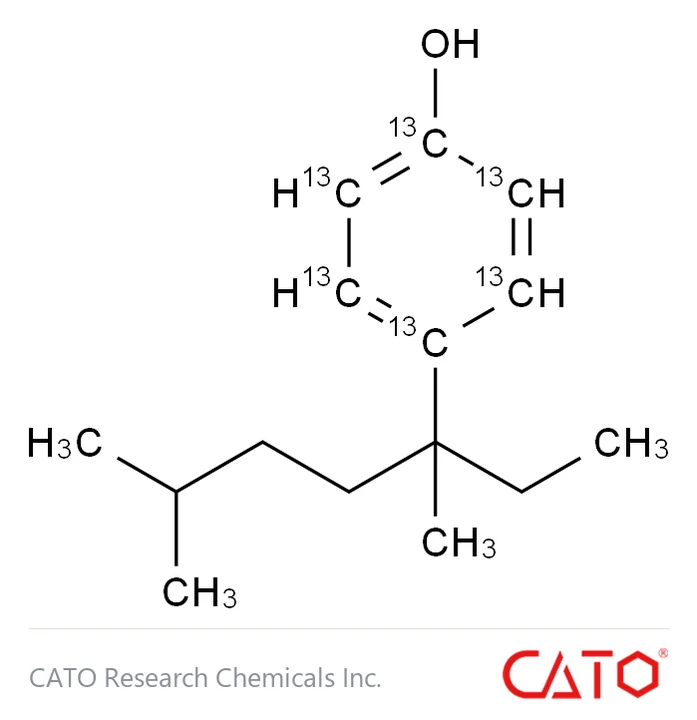 Chemical structure of 4-(3',6'-Dimethyl-3'-Heptyl)phenol-13C6, CAS 1173020-38-6